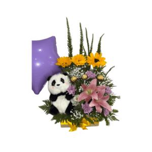 Arreglo Girasoles Chocolates y Peluche en Caja