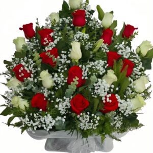 Arreglo Condolencias 25 Rosas Rojas Y Blancas — Florería Frida Flores Rancagua