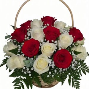 Canasto Condolencias 20 Rosas Rojas Y Blancas — Florería Frida Flores Rancagua