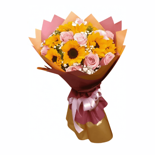 Ramo de 11 Rosas Rosadas y 11 Girasoles