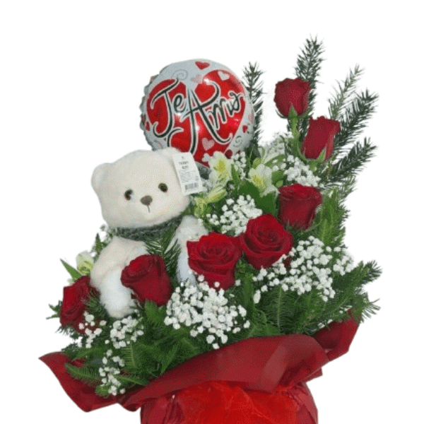 Arreglo Rosas Y Peluche Con Globo — Florería Frida Flores Rancagua