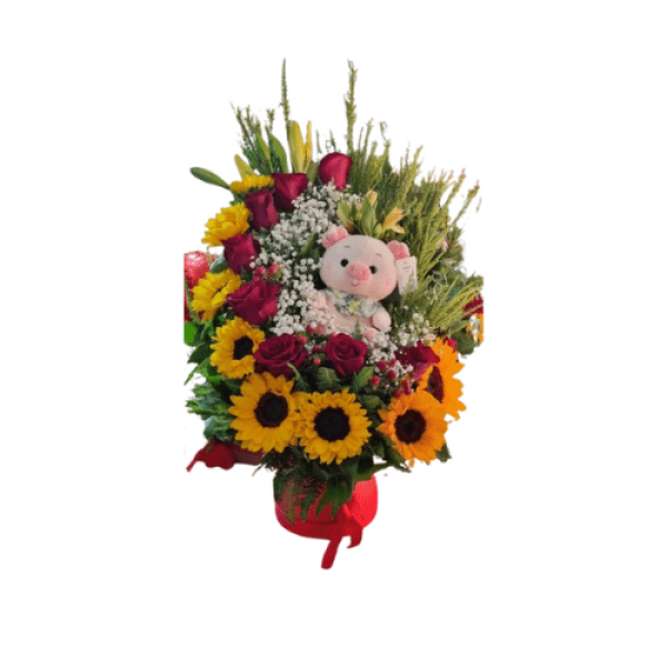 Arreglo Girasoles Rosas Y Peluche En Caja — Florería Frida Flores Rancagua