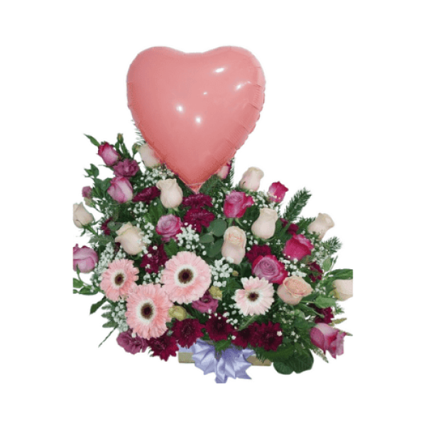 Arreglo Rosas Rosadas Gereberas Con Globos — Florería Frida Flores Rancagua
