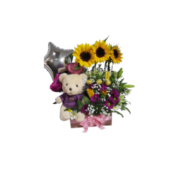 Arreglo Girasoles Chocolates Y Peluche En Caja — Florería Frida Flores Rancagua